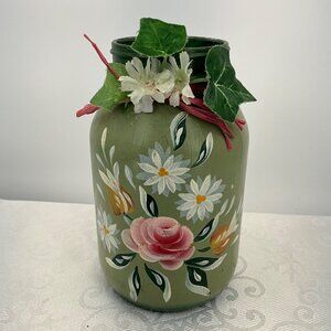 Hand-Painted Floral Glass Vase With Faux Flowers & Leaves